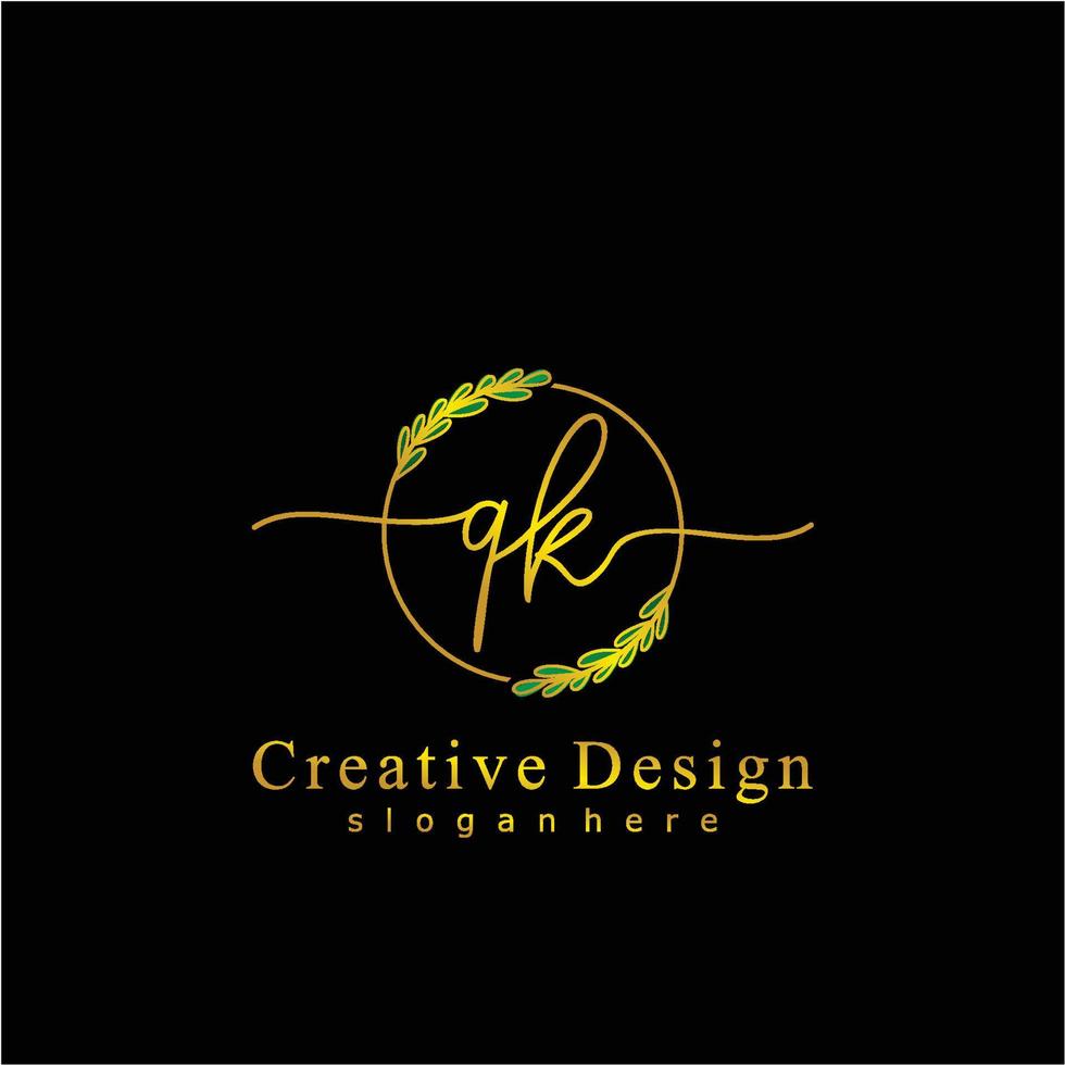 Initial QK beauty monogram and elegant logo design, handwriting logo of initial signature, wedding, fashion, floral and botanical logo concept design. vector