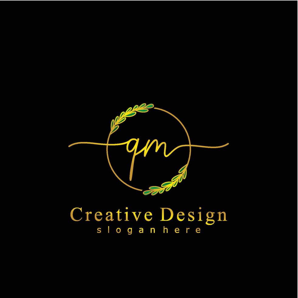 Initial QM beauty monogram and elegant logo design, handwriting logo of initial signature, wedding, fashion, floral and botanical logo concept design. vector