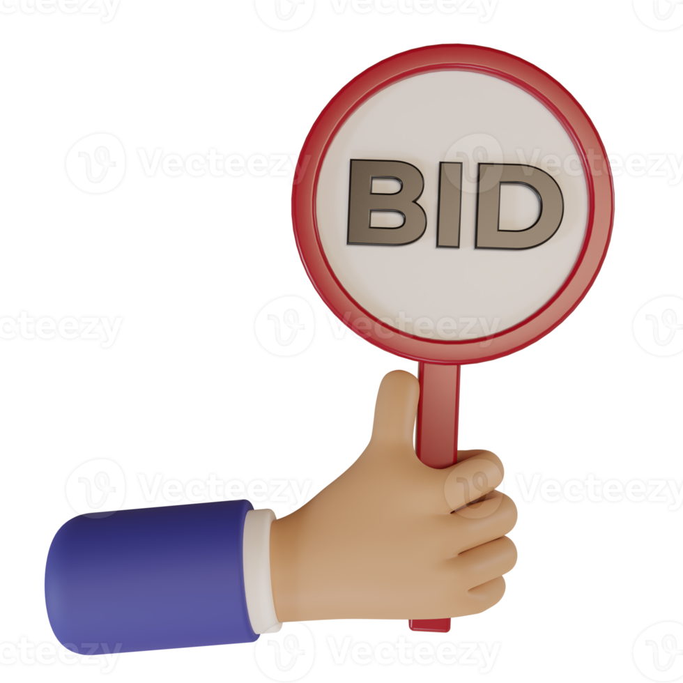 3d render icon cute hand holding bidding board, concept illustration of
