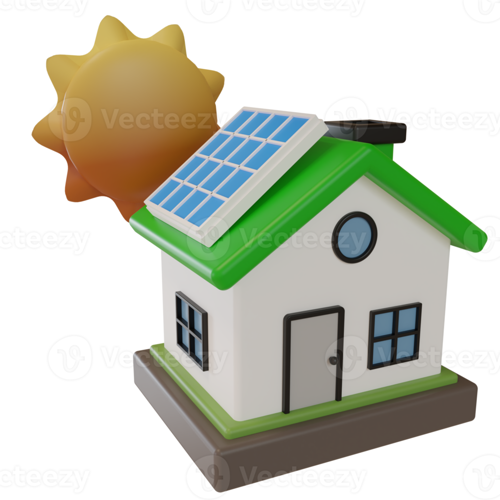 sol- panel hus ikon och Sol eco vänlig kraft symbol. 3d framställa illustration png