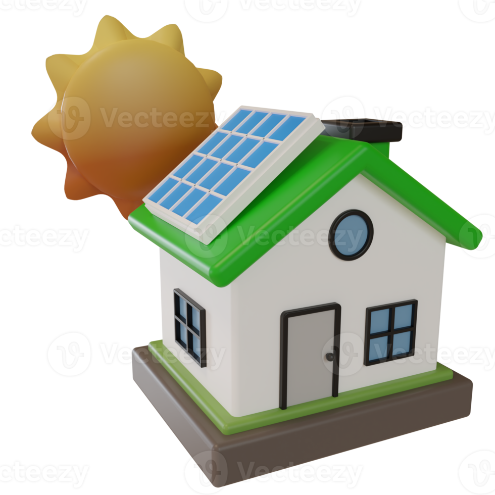 solar panel house icon and sun eco friendly power symbol. 3d render illustration png