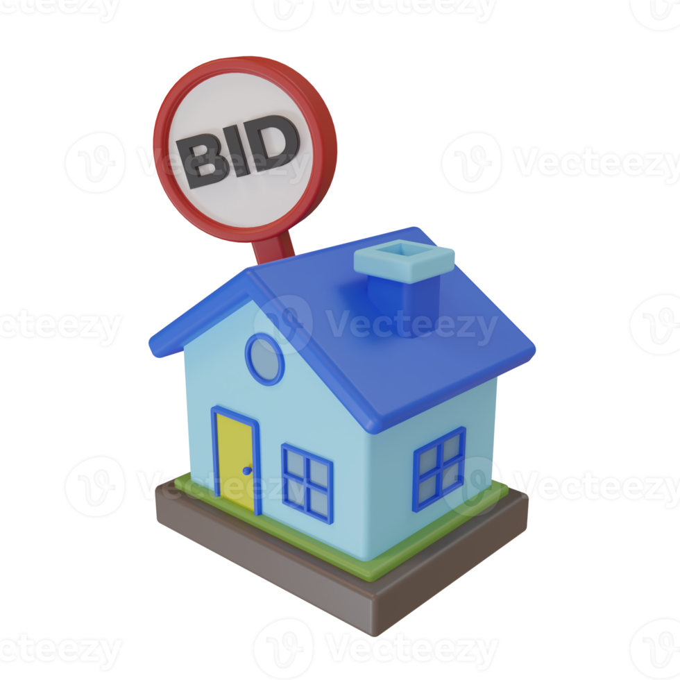 3d tolkning. minimalistisk stil söt hus ikon och erbjudande lägga märke till styrelse. illustration av en hus varelse auktioneras ut och såld förbi lämna in en bud png