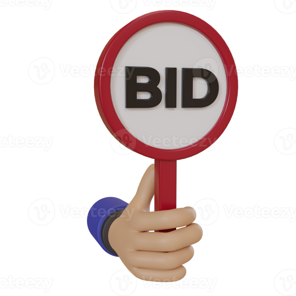 3d render icon cute hand holding bidding board, concept illustration of bidding on auction png