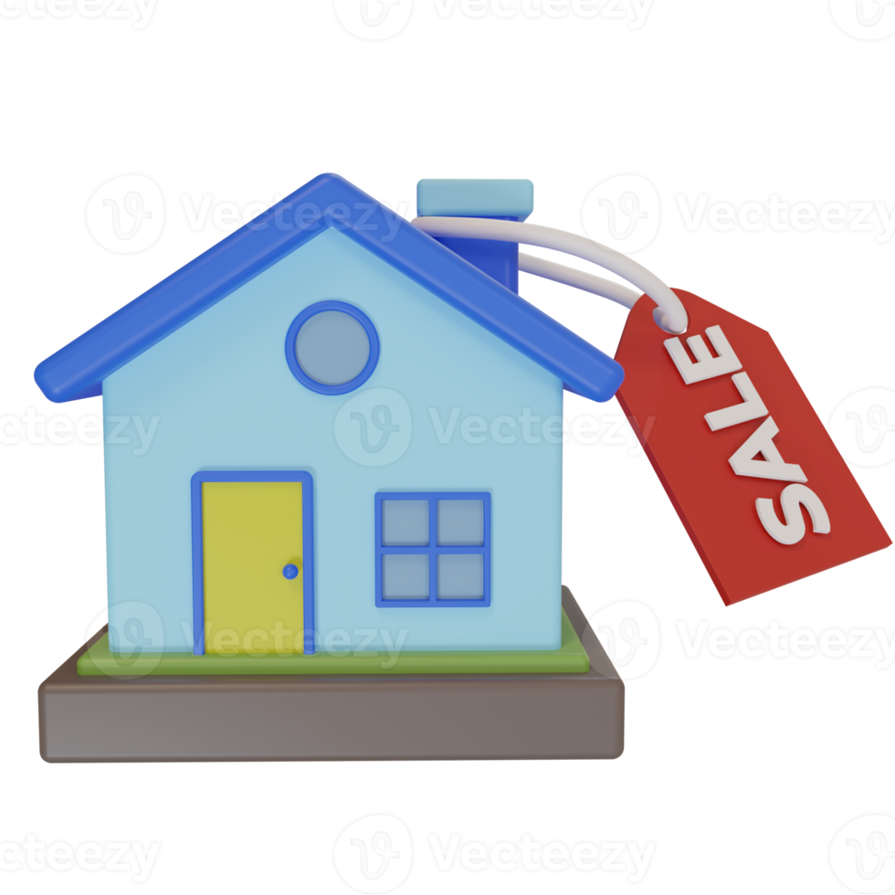 3d tolkning. minimalistisk stil söt hus ikon och försäljning märka, begrepp illustration av hus för försäljning png