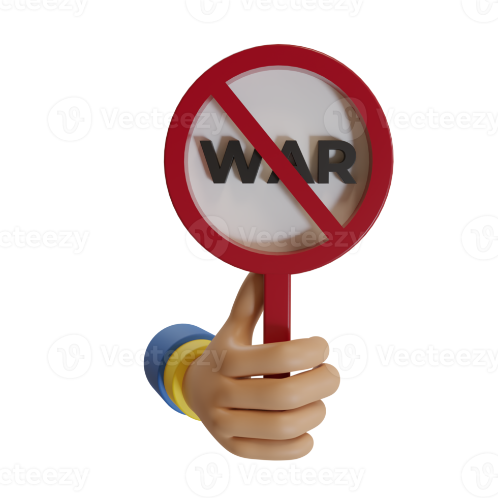 3d rendering illustration of a hand holding a sign with the text war, stop war concept png