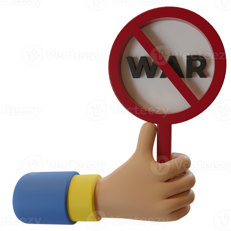 3d rendering illustration of a hand holding a sign with the text war, stop war concept png