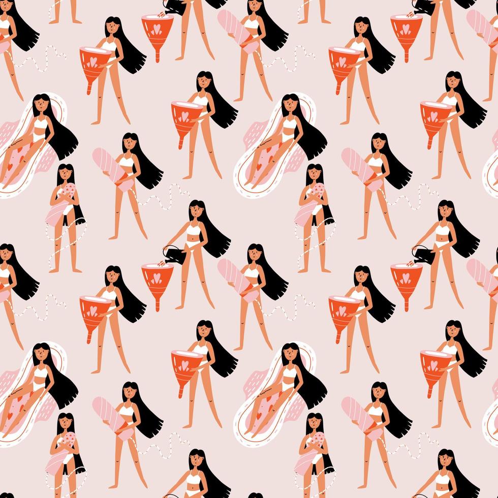Girl pattern with menstrual pads cup tampons vector