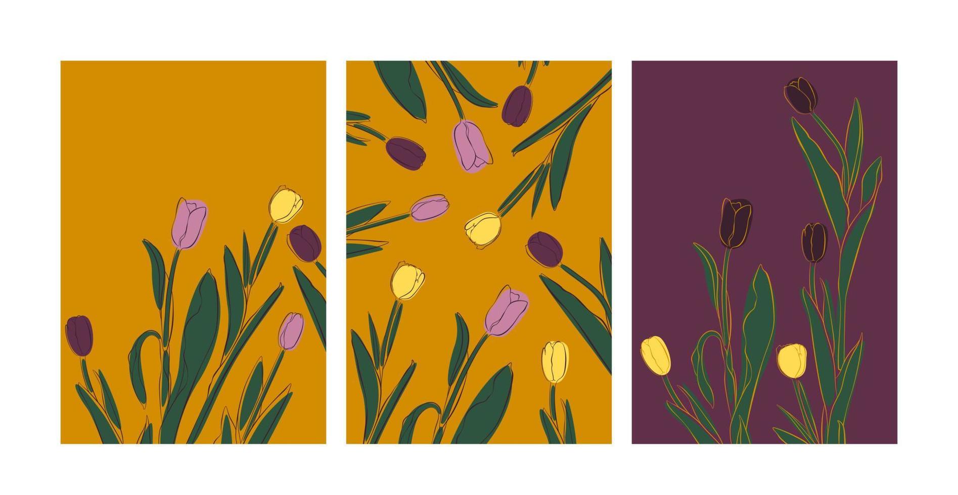 Set of trendy modern posters with tulips in EPS format. Collection of vector editable backgrounds with spring colors. Tulip Poster Pack.