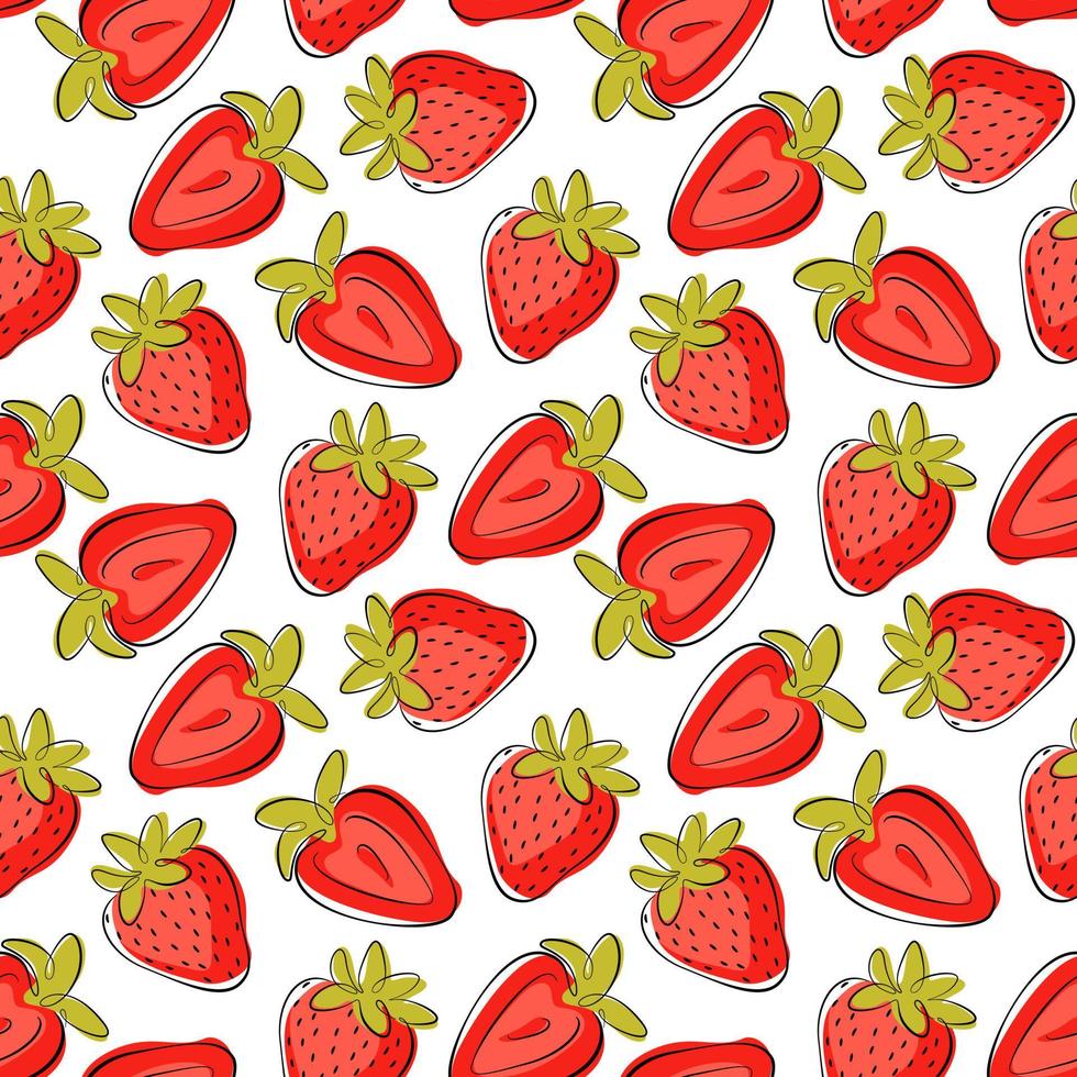 Seamless vector pattern with bright juicy strawberries. Repeating background with summer berries on a white. Use for fabric, gift wrap, packaging.
