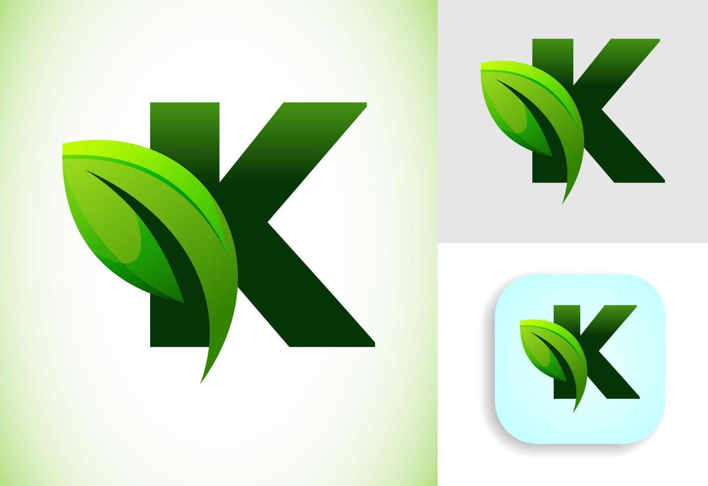 inicial k alfabeto con un hoja. Respetuoso del medio ambiente logo concepto. gráfico alfabeto símbolo para negocio y empresa identidad. vector