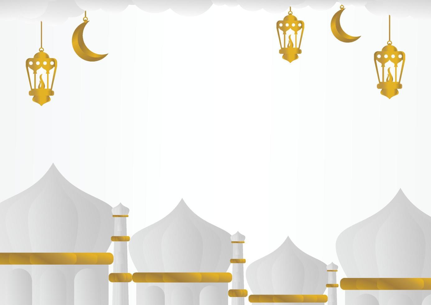 Islamic gray color background with ornament of lantern, moon, cloud and mosque, ramadan banner design and greeting card template. vector