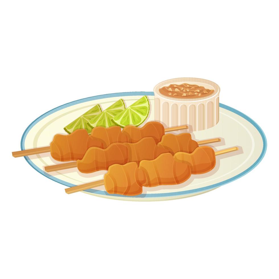Indonesian chicken Satay with peanut sauce. Asian food illustration isolated on white in cartoon style vector