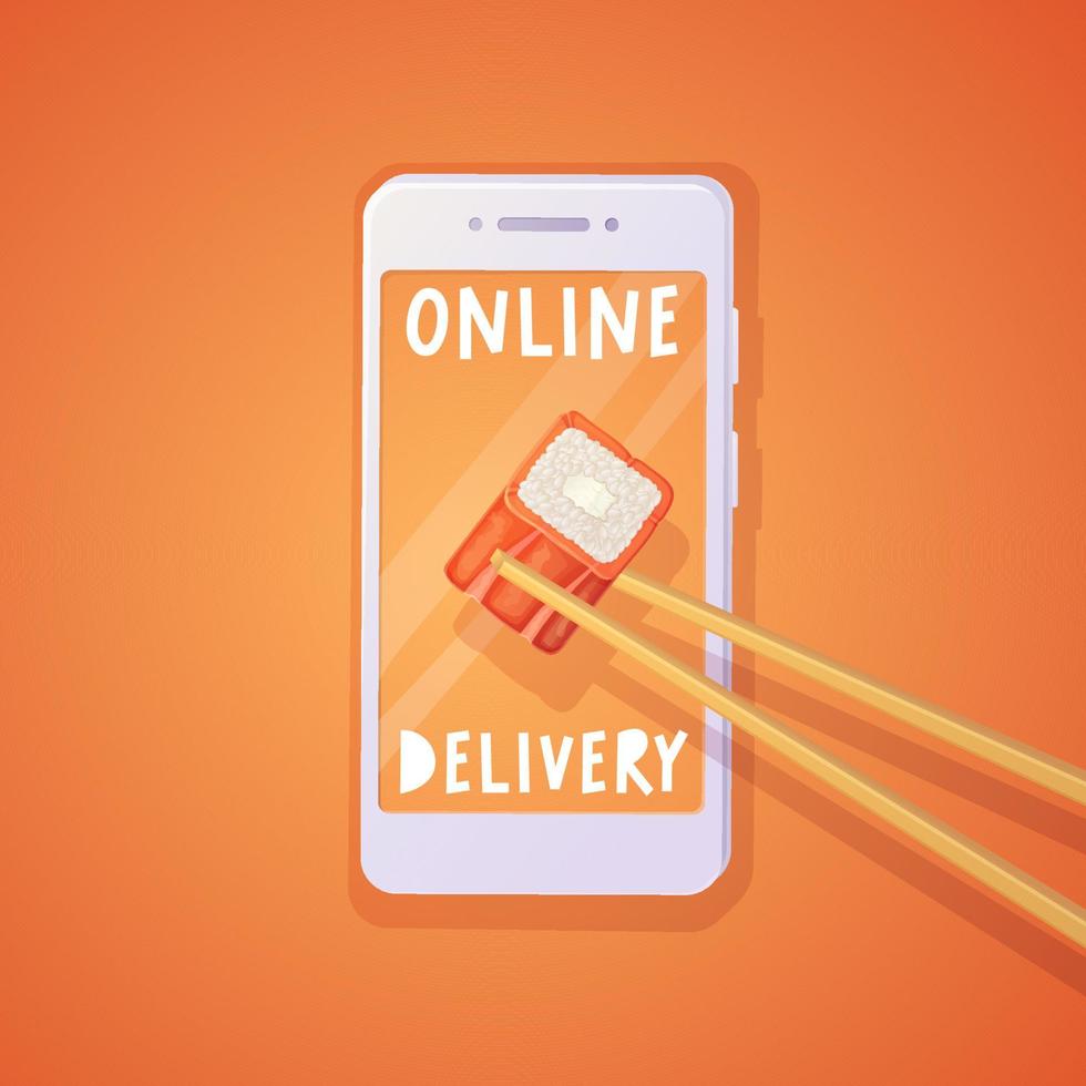 Chopsticks get philadelphia maki roll through the smartphone screen. Online delivery orange poster vector