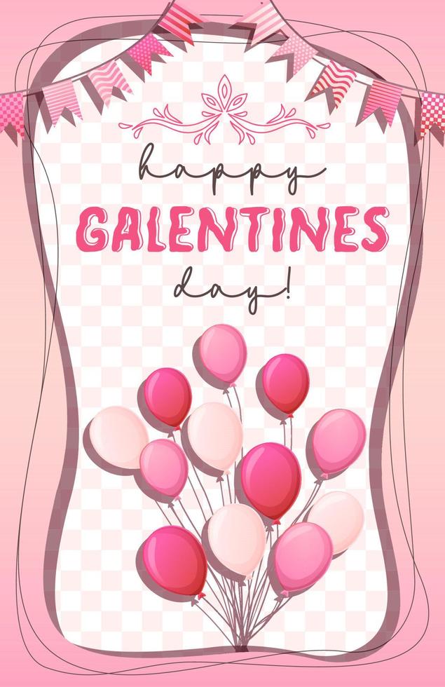 Pink Galentines day greeting card. Balloons and flags on checkered texture. Stock vector illustration in cartoon style.