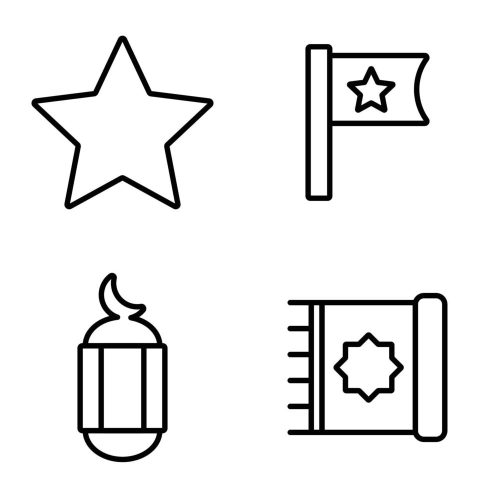 islam icon set white background line design, vector illustration of star moon, lantern, ornament.