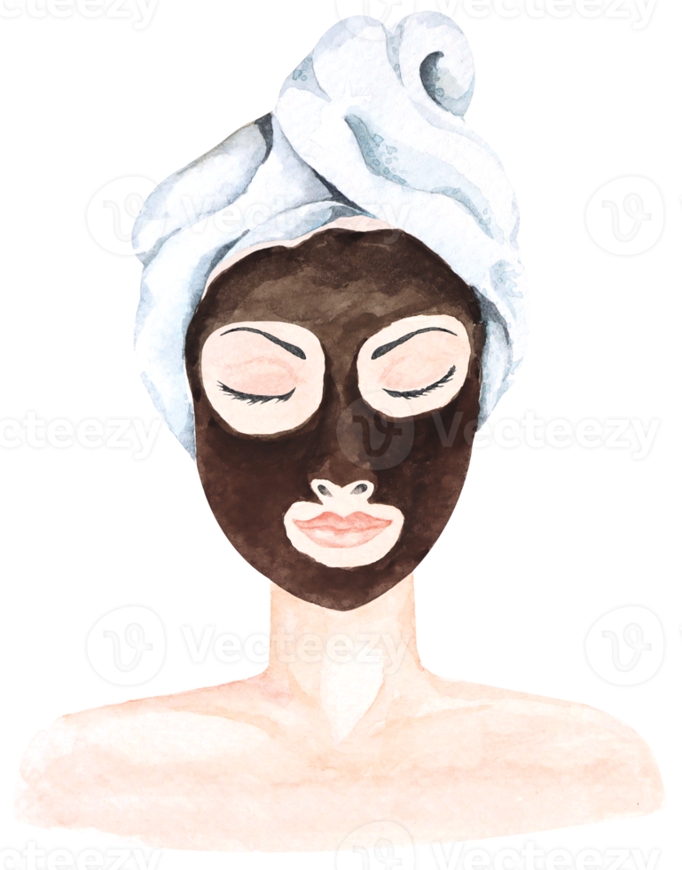 mujer con enmascaramiento su cara con barro en belleza spa.ilustracion pintado con acuarela.piel cuidado.belleza tratamiento. png