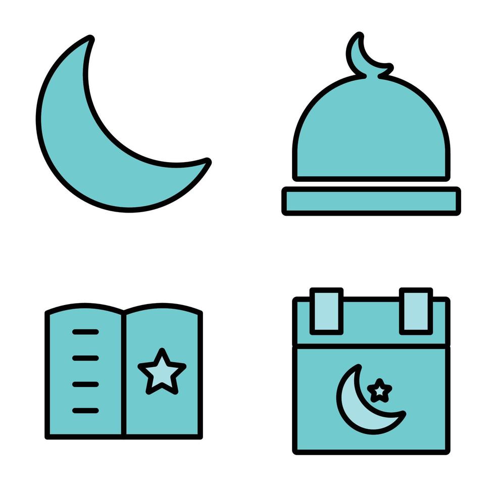 set of islamic icons flat design white background, vector illustration of mosque, star moon, holy book, ornament.
