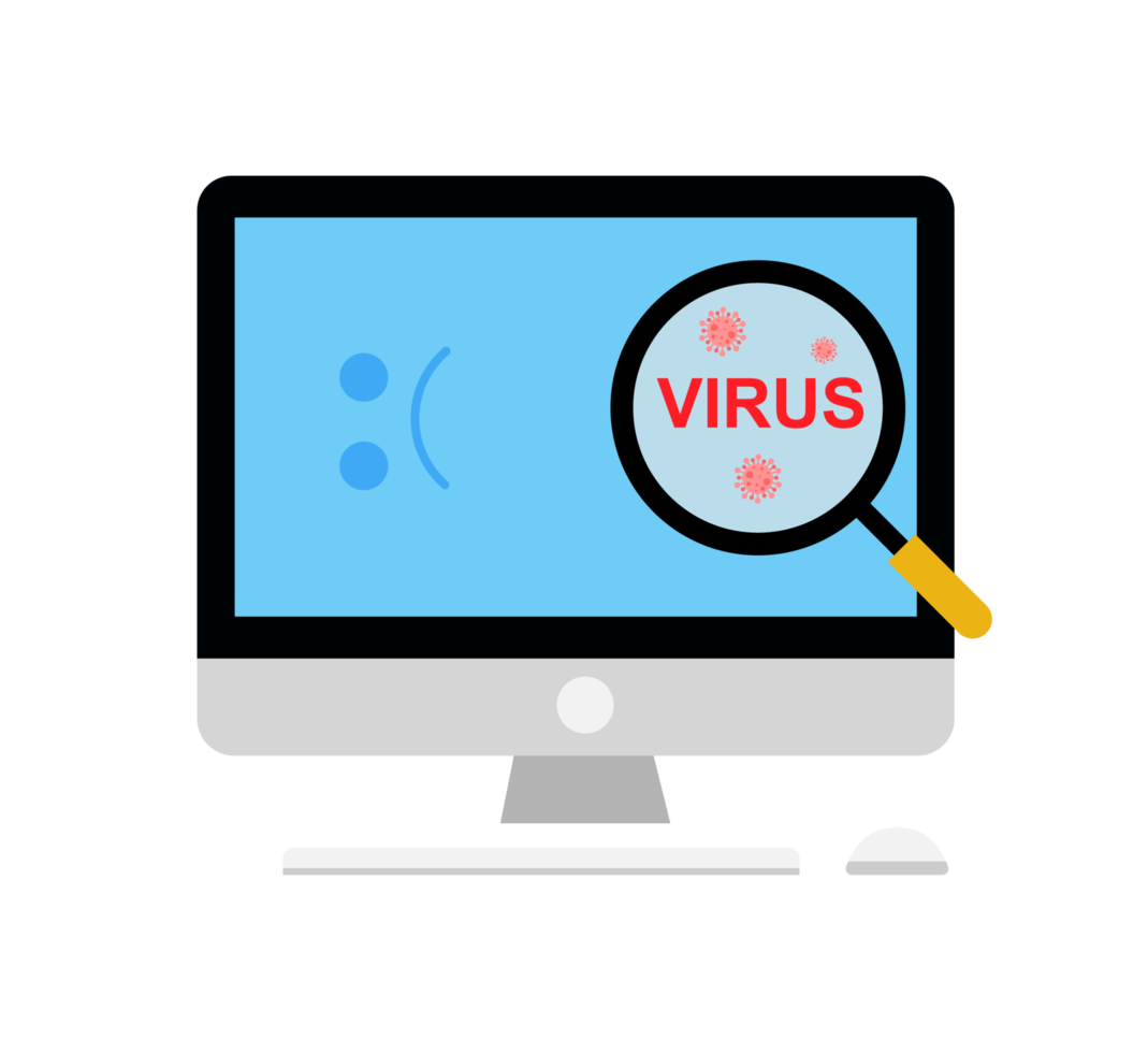 cyber crime  concept. computer threat protection. viruses detection. A magnifying glass detecting viruses. flat design illustration. png