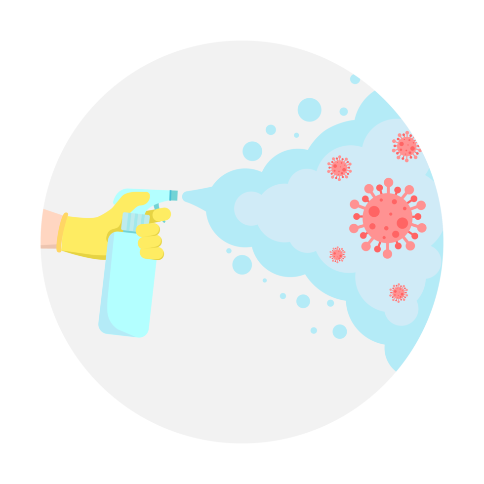 Spraying disinfectant against viruses. Cleaning and disinfecting the bacteria. Hand holding a sanitizer spray bottle spraying to kill the virus. flat design illustration. png