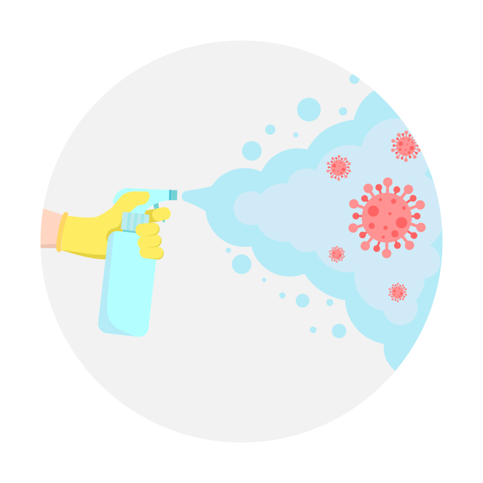 sproeien ontsmettingsmiddel tegen virussen. schoonmaak en desinfecteren de bacteriën. hand- Holding een ontsmettingsmiddel verstuiven fles sproeien naar doden de virus. vlak ontwerp illustratie. png