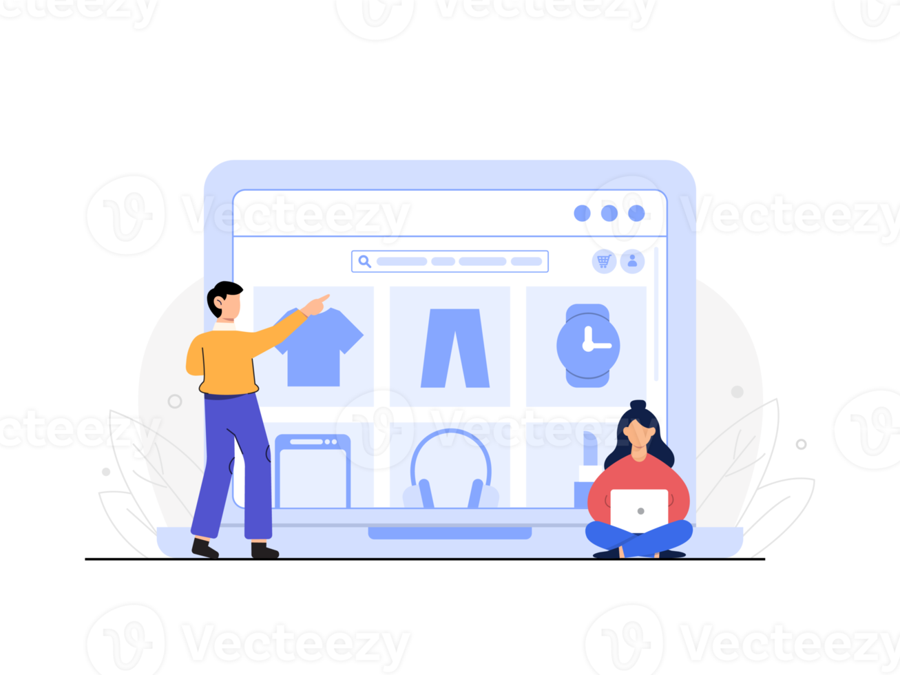 online shopping flat design. ecommerce concept. business data analysis. two people working together with a shopping website as background. illustration. png