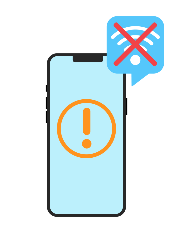 no wifi connection icon. wifi or internet connection is not activated. smartphone with an exclamation mark and wifi connection not found icon. flat design illustration. png