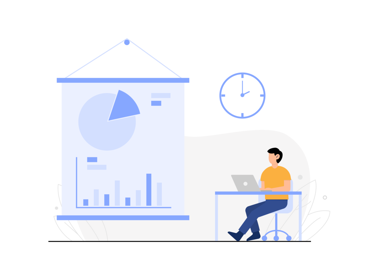 work flat design. flat design data analysis concept. A person working with a statistic graph on a projector screen. illustration. png