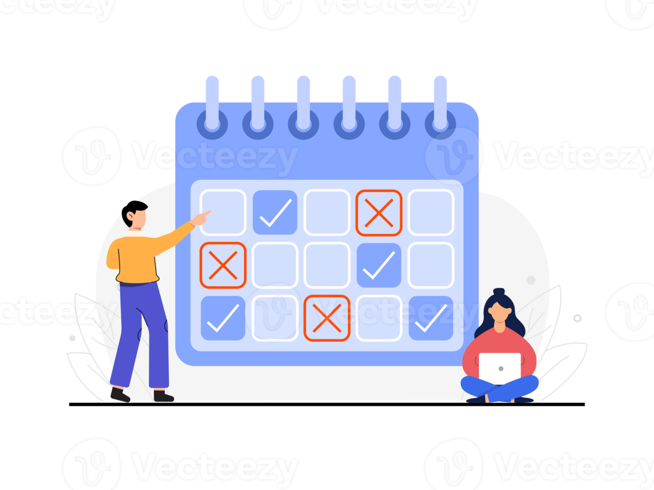 work flat design. time management concept. business data analysis. two people working together with a big calendar. illustration. png