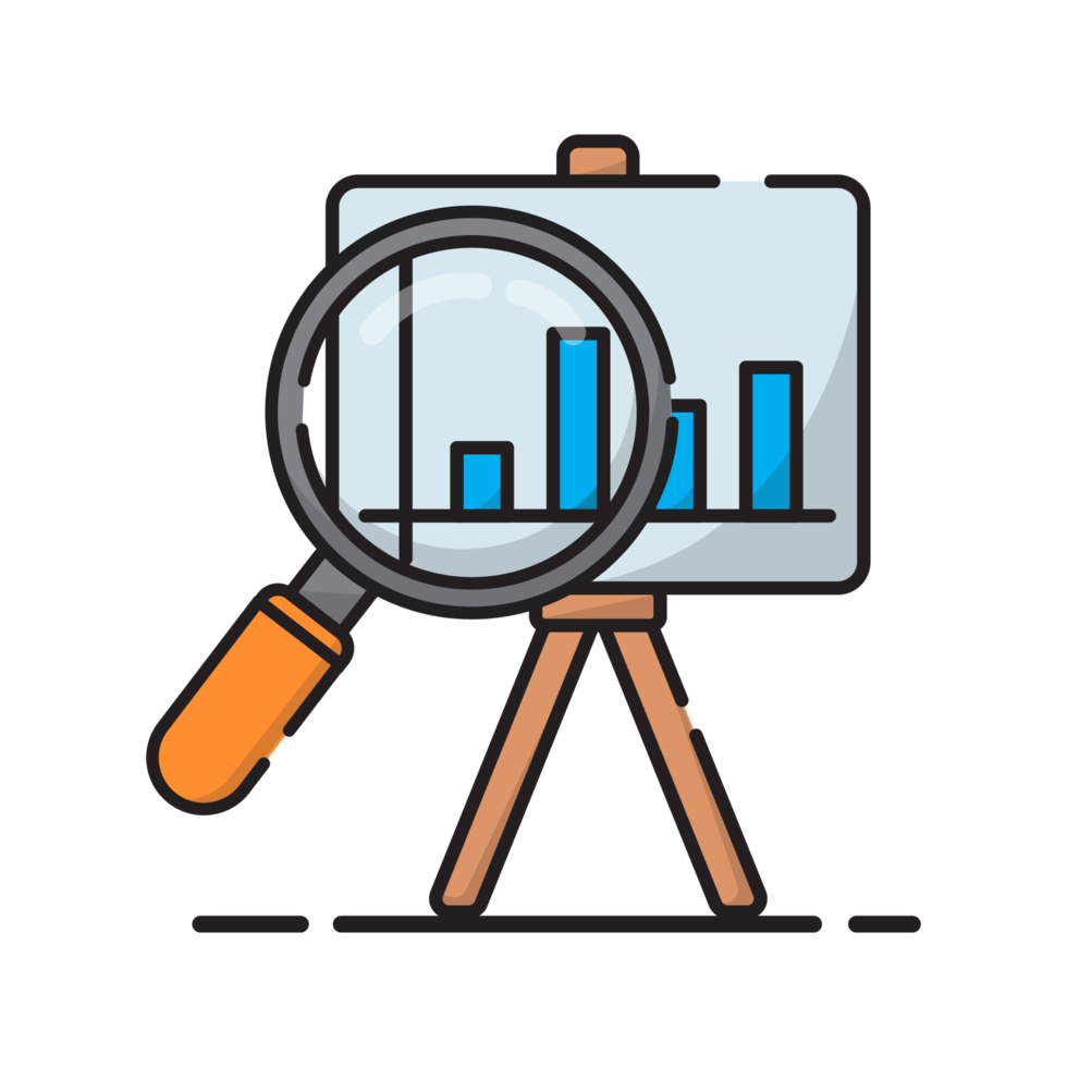 Marketing Strategie Konzept. Geschäft Analyse. Marketing Daten Analyse. ein Vergrößerung Glas mit ein Statistik Tafel. Illustration. png