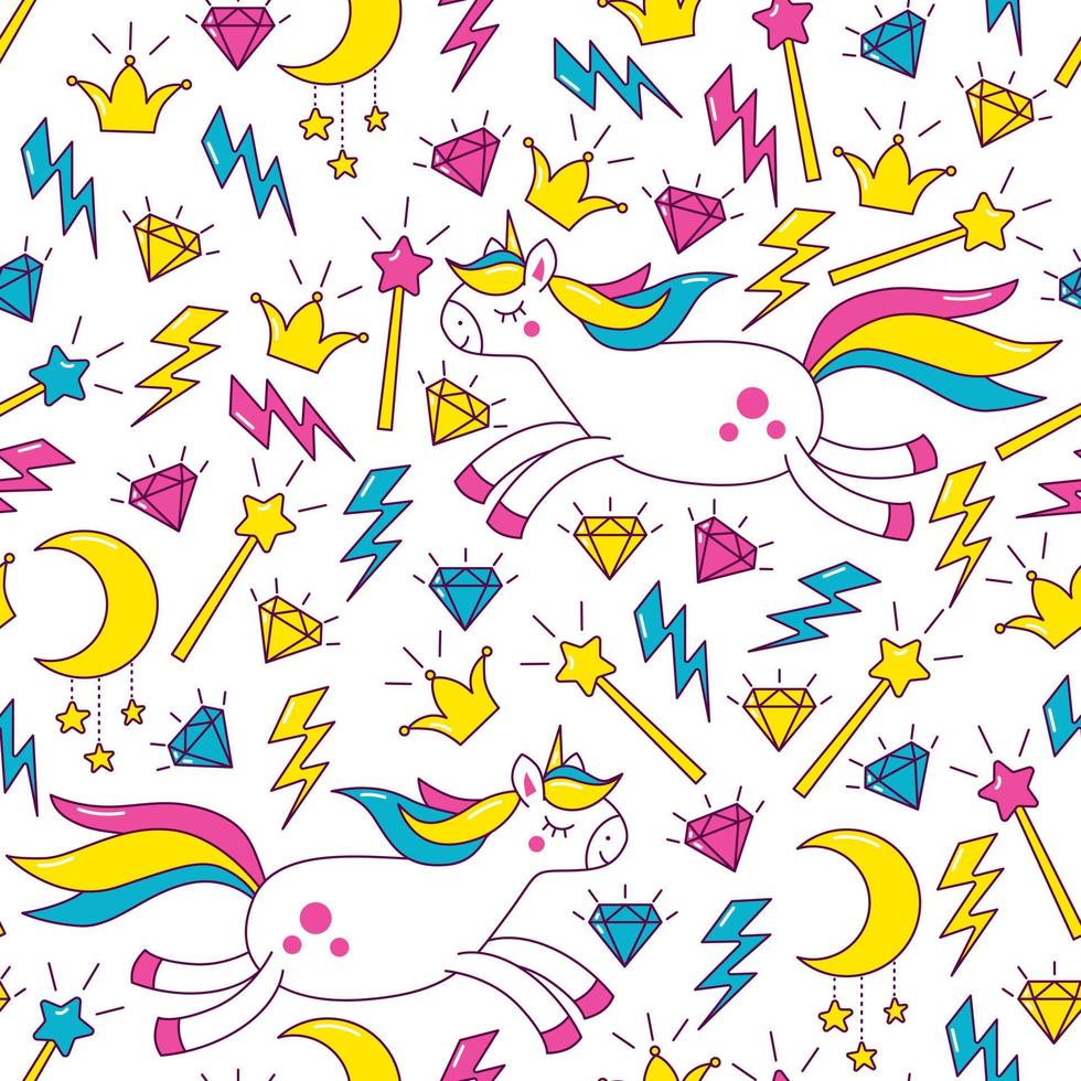 Vector pattern with pony unicorns, magic wand, crown and diamonds.