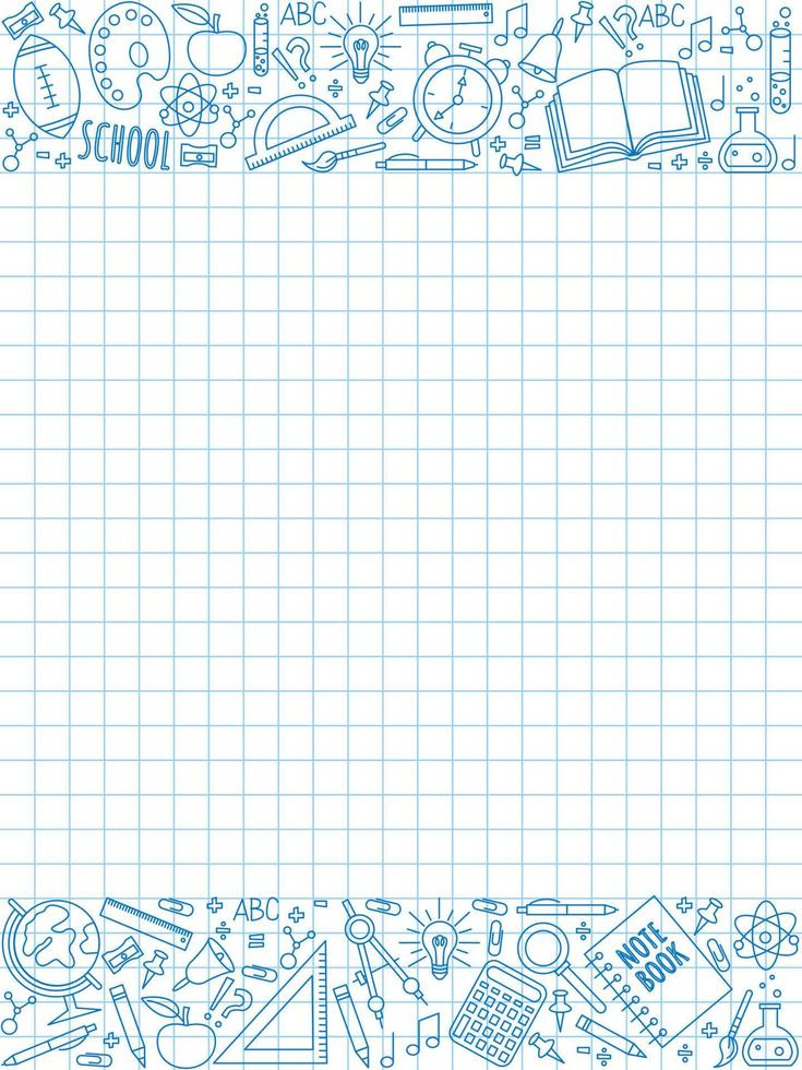 A sheet of paper with a notebook with doodle drawings of a school theme. vector