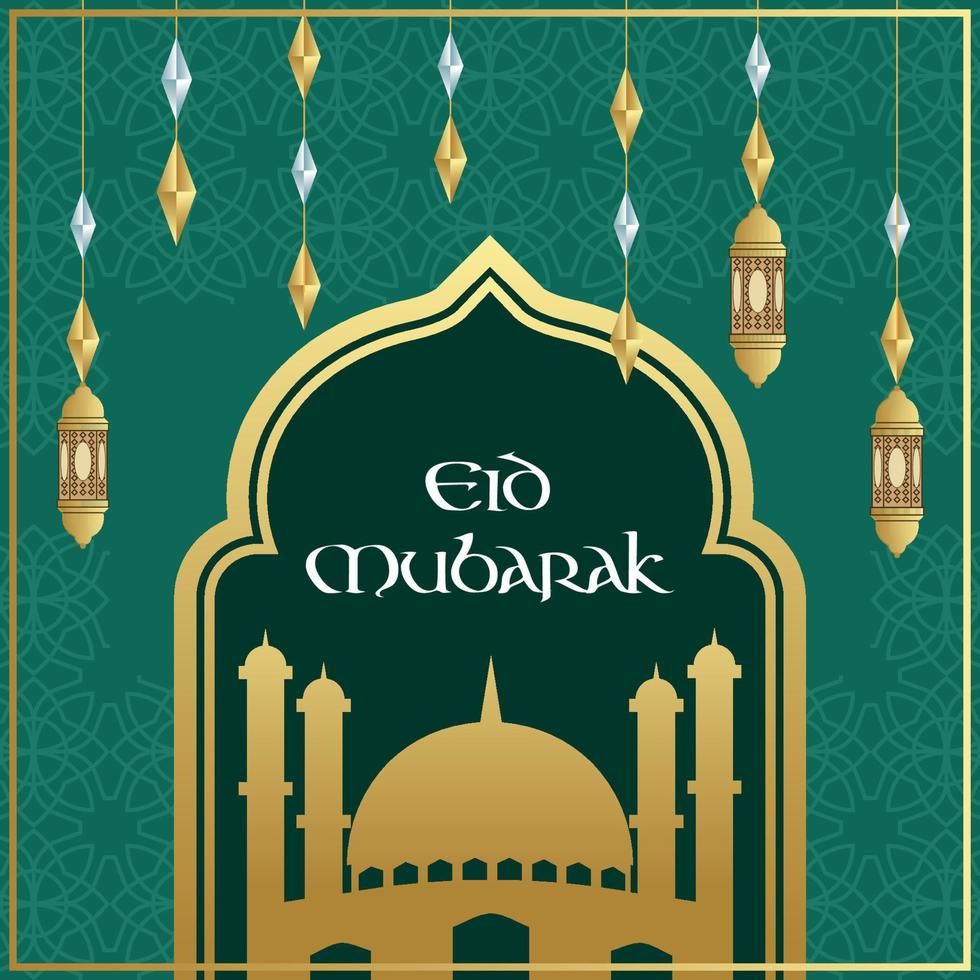 Eid mubarak with mosque and lantern background vector