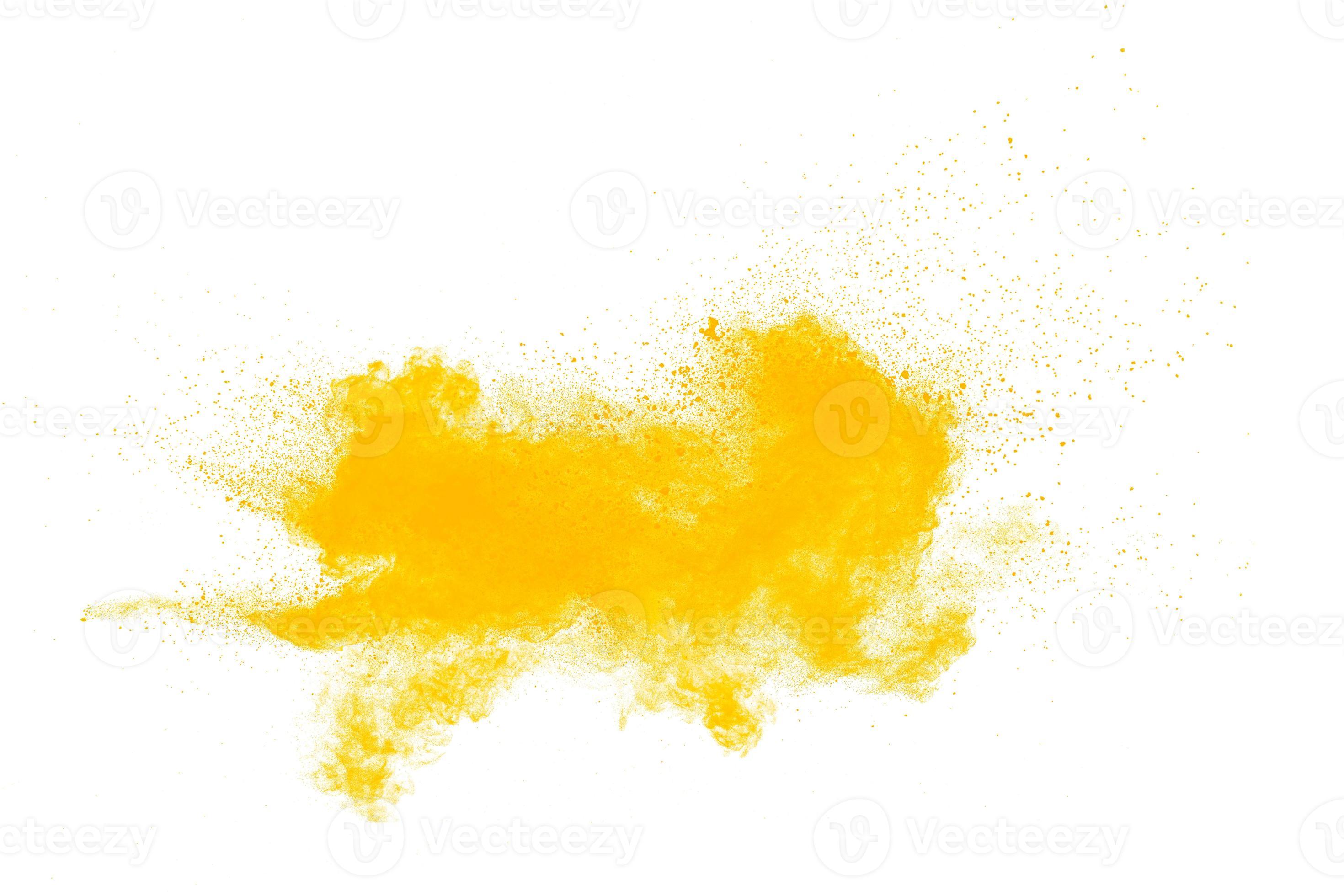 Abstract yellow powder explosion on white background. Freeze motion of