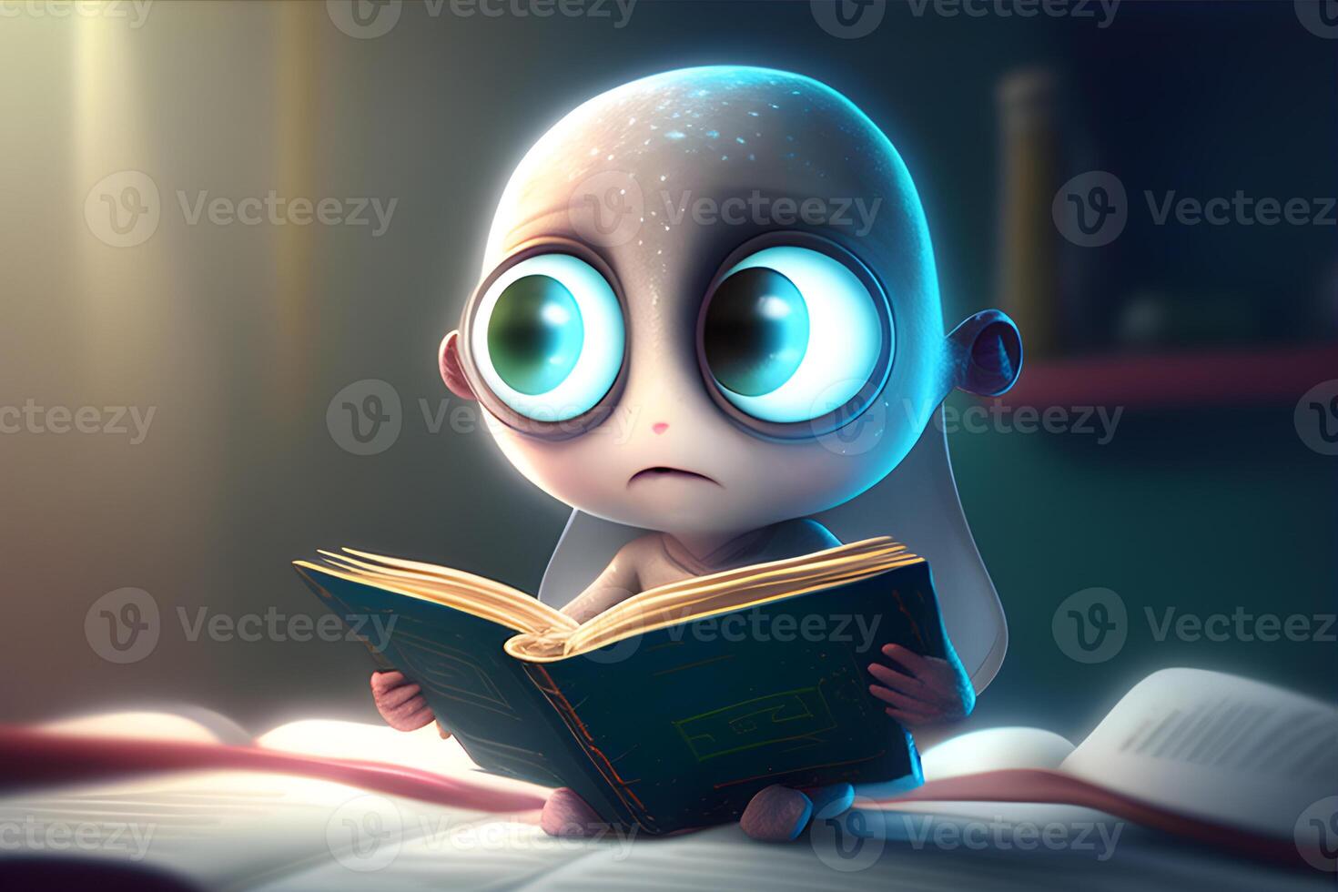 3d pequeño extraterrestre personaje leyendo un libro. ilustración para mundo libro día diseñado por generativo ai. foto