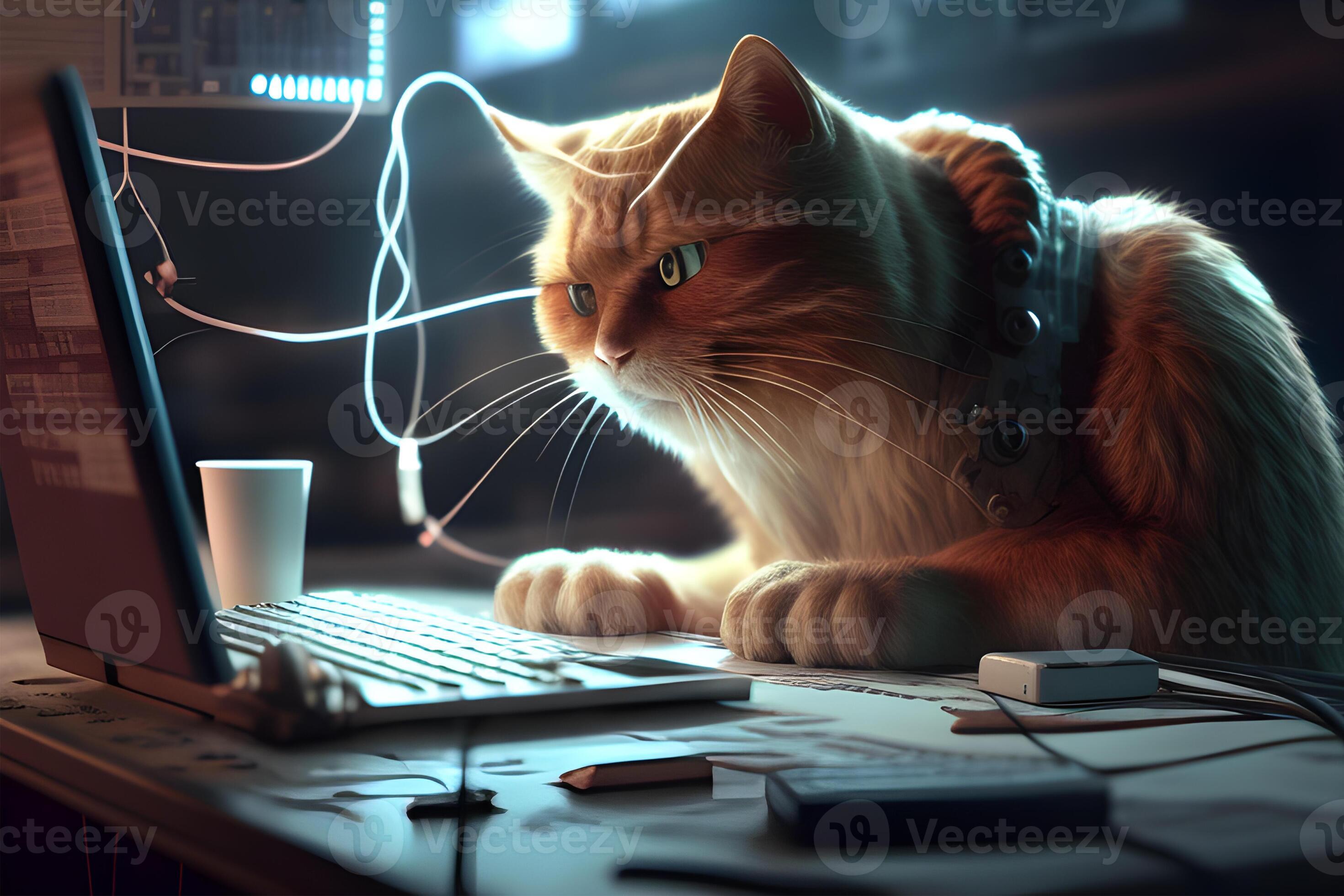 A digital intelligence hacker cat research with a computer. . 21596313 Stock Photo at Vecteezy