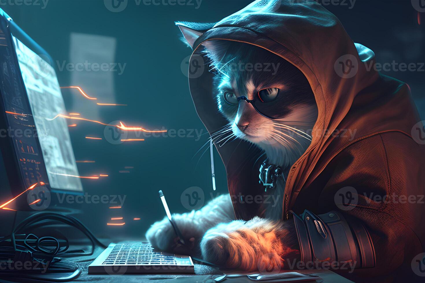 un digital inteligencia hacker gato investigación con un computadora