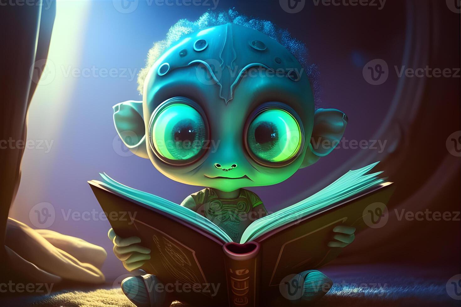 3d little alien character reading a book. Illustration for world book day designed by . photo