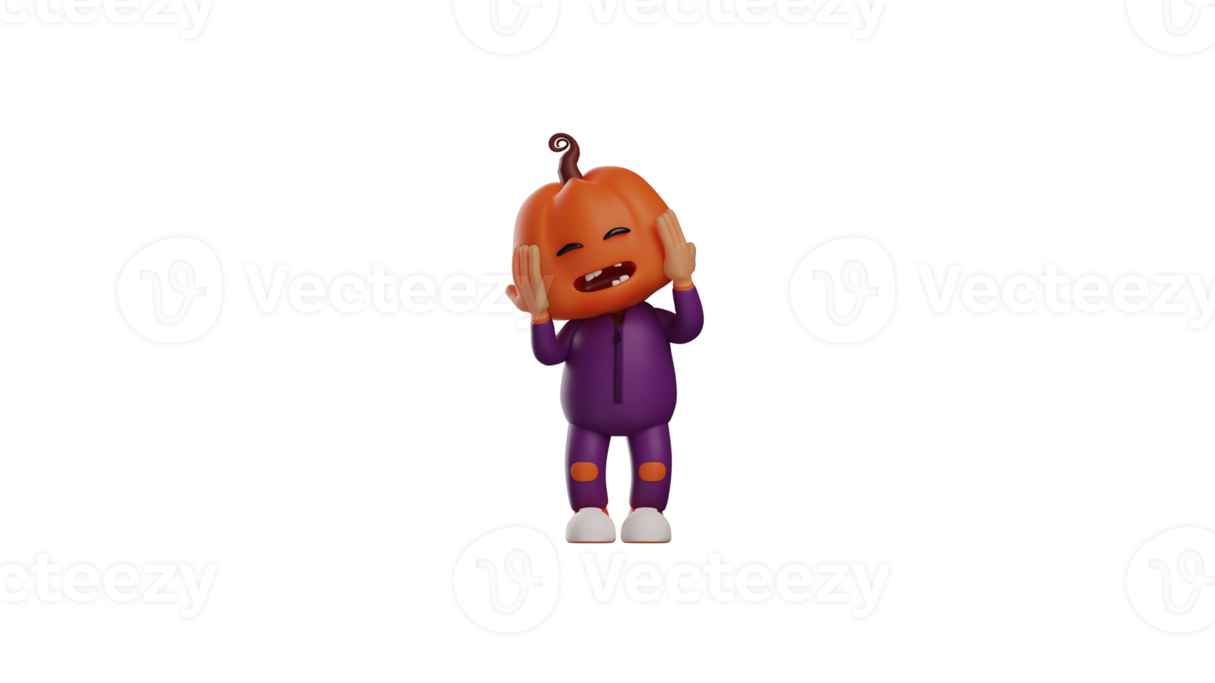 3D illustration. Dizzy Halloween Scarecrow 3D Cartoon Character. Halloween Scarecrow holding his head with both hands. Halloween cartoon with very confused expression. 3D cartoon character png