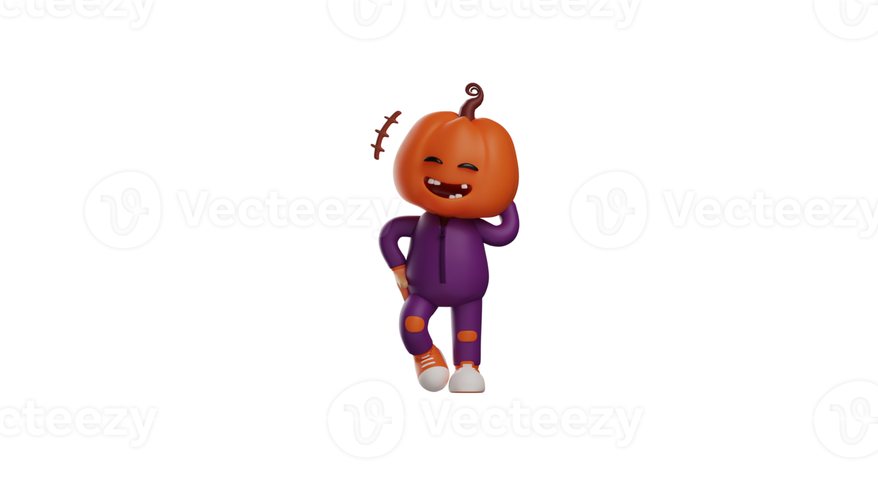 3D illustration. Cute Halloween Scarecrow 3D Cartoon Character. Halloween Scarecrow with missing teeth smiling. Halloween cartoon with smiling pose and scratching back of head. 3D cartoon character png