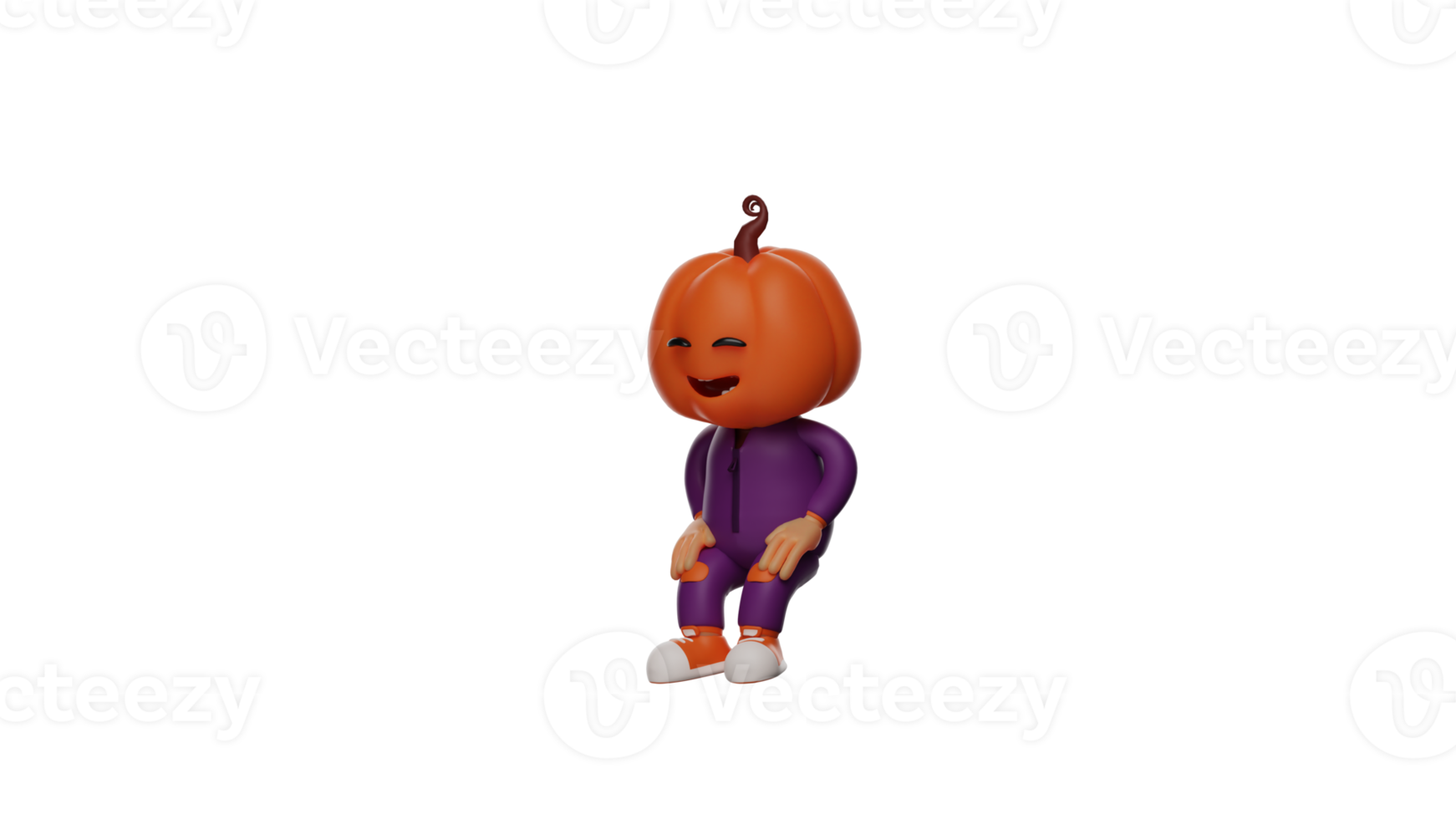 3D illustration. Halloween Scarecrow 3D Cartoon Character. Halloween scarecrow in a semi-sitting position without a chair. a smiling Halloween scarecrow showing his loose teeth. 3D cartoon character png
