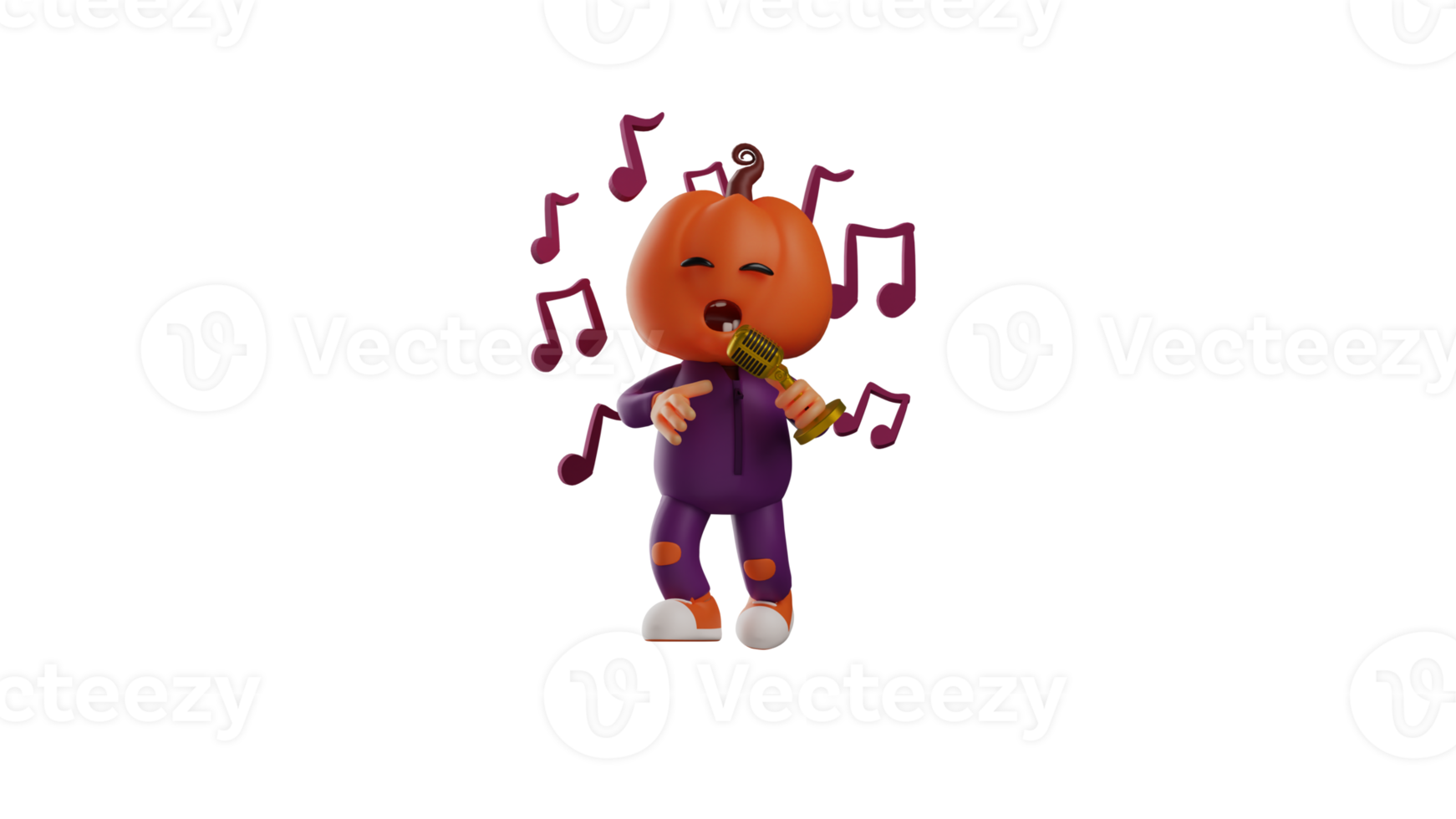 3D illustration. Cheerful Halloween 3D Cartoon Character. Halloween scarecrow singing using a microphone. Halloween cartoon sings very deeply. 3D cartoon character png