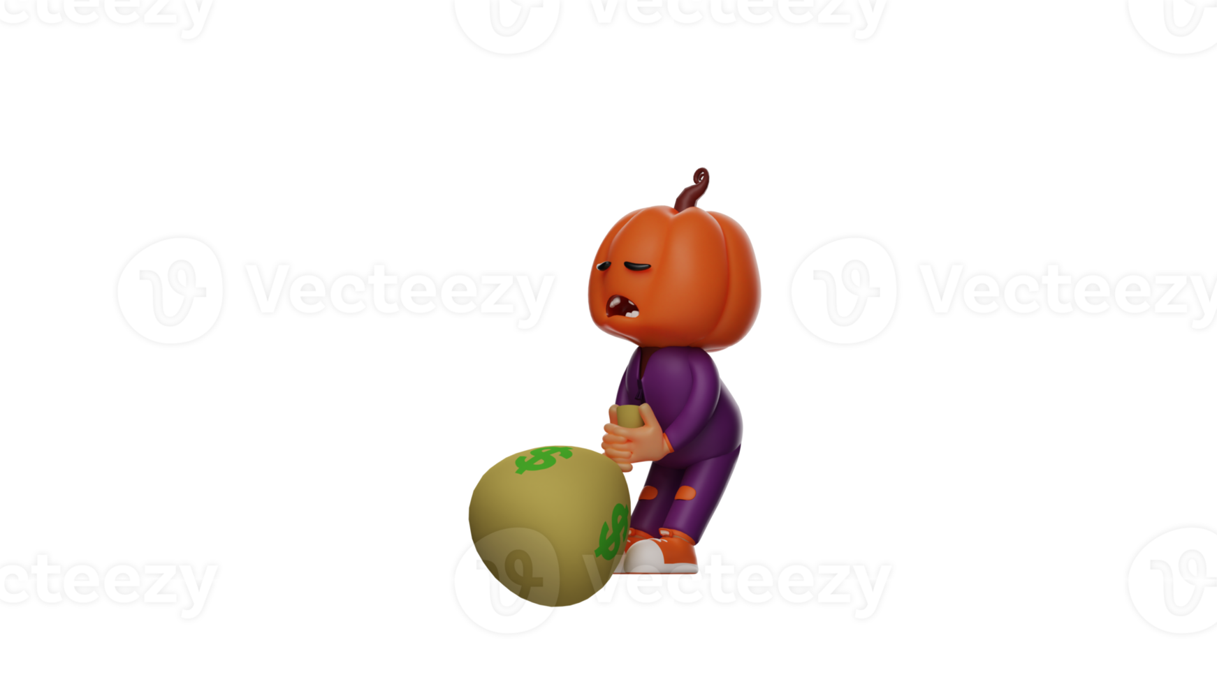 3D illustration. Rich Halloween 3D Cartoon Character. Halloween scarecrow pulls a sack full of money. The successful Halloween cartoon carries its treasure and looks exhausted. 3D cartoon character png