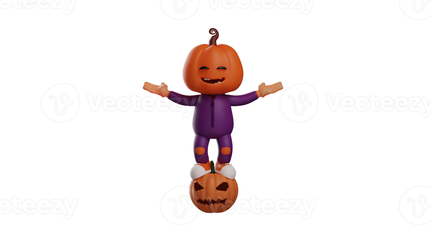 3D illustration. Cheerful Halloween 3D Cartoon Character. Halloween scarecrow standing on a pumpkin and spreading his arms outstretched. Halloween cartoon smiling very happy. 3D cartoon character png