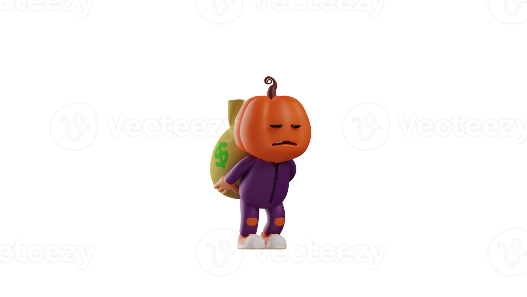 3D illustration. Successful Halloween 3D Cartoon Character. Rich Halloween scarecrow holds a sack of money with tired expression. Halloween cartoon carrying its treasure. 3D cartoon character png