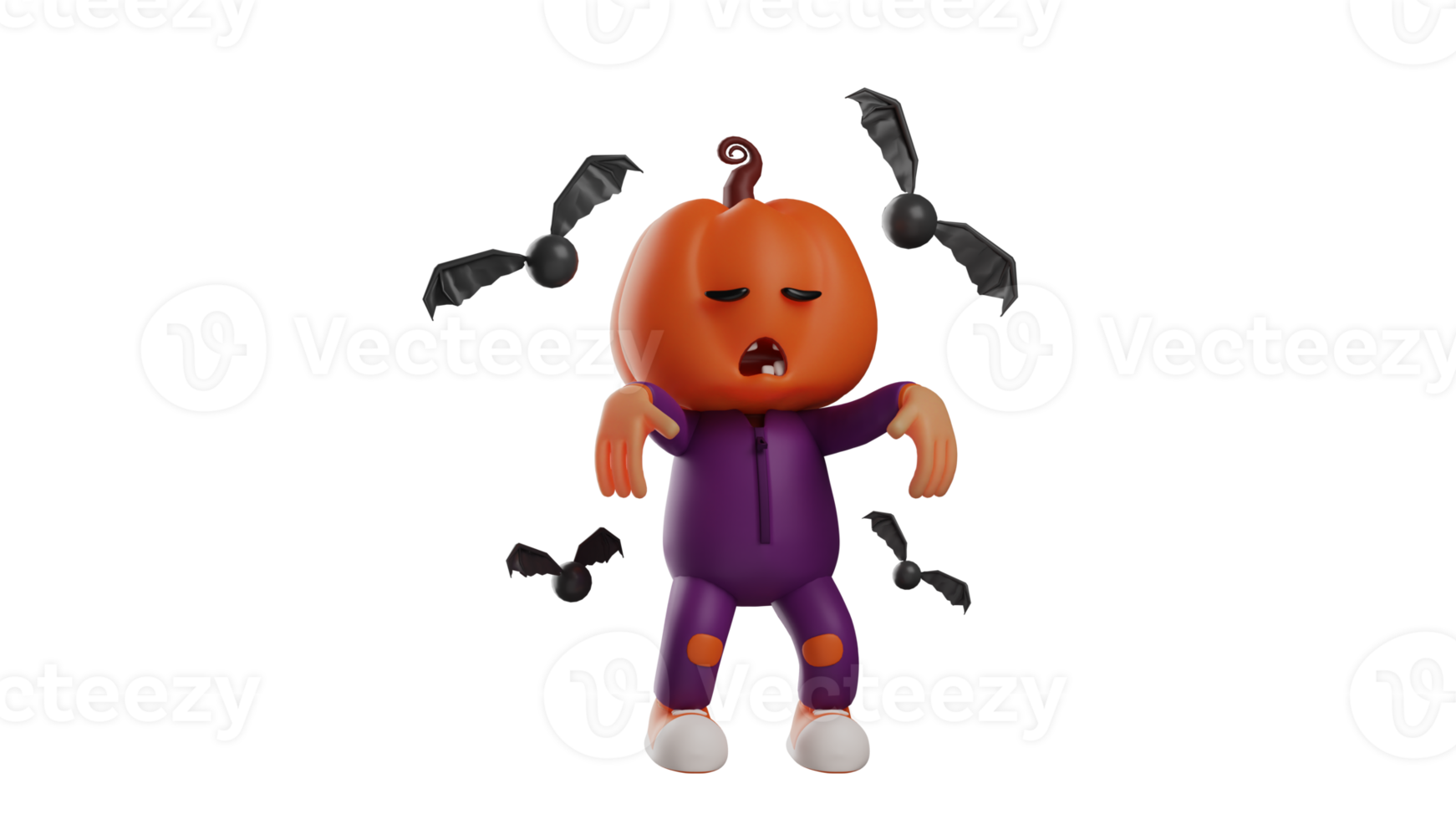 3D illustration. Sleepy Halloween 3D Cartoon Character. Halloween scarecrow walks hunched over like a mummy. Halloween cartoon extending its arms forward and surrounded by bats. 3D cartoon character png