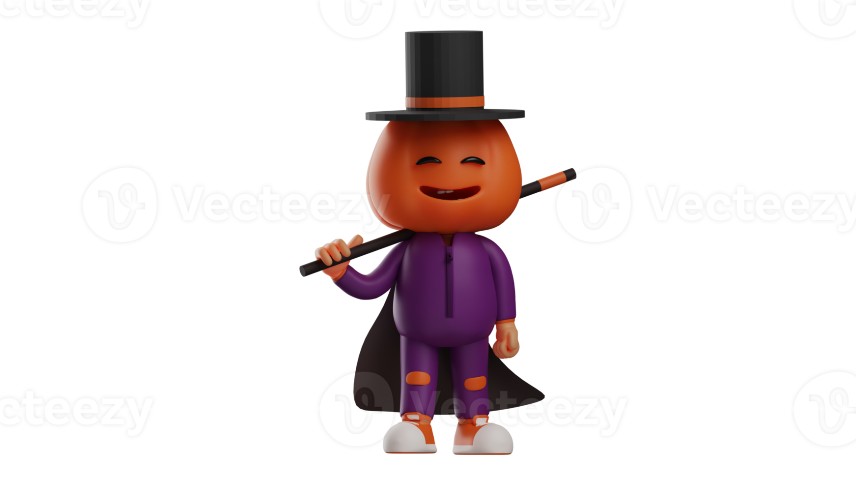 3D illustration. Cute Halloween 3D Cartoon Character. Halloween scarecrow smiling while carrying magic wand. Halloween cartoon wearing magician costume happily. 3D cartoon character png