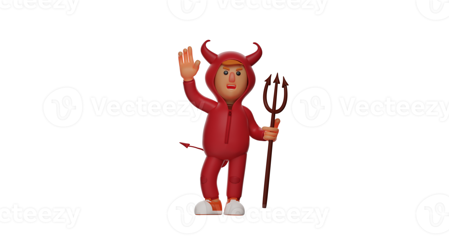3D illustration. Red Devil 3D Cartoon Character. The Red Devil who carry the trident. Red demon wore an angry expression. The red devil raised one hand. 3D cartoon character png