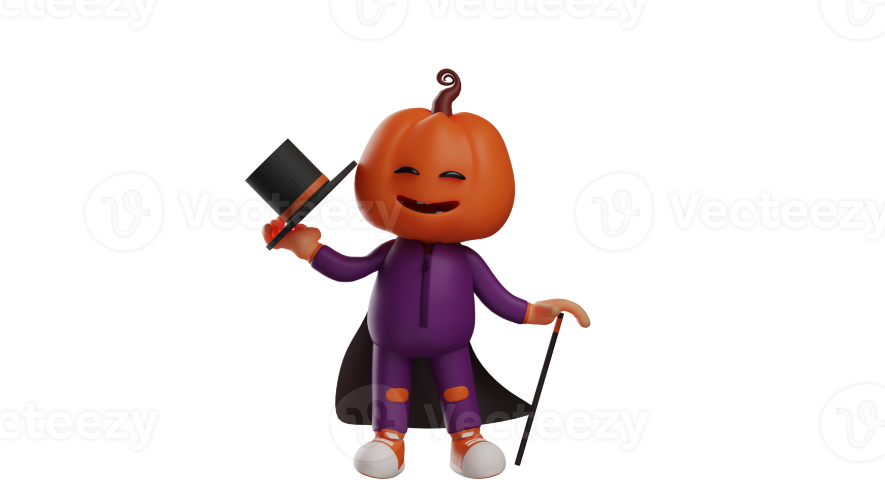 3D illustration. Adorable Halloween 3D Cartoon Character. The scarecrow is smiling happily. Halloween cartoon standing holding magic wand. 3D cartoon character png