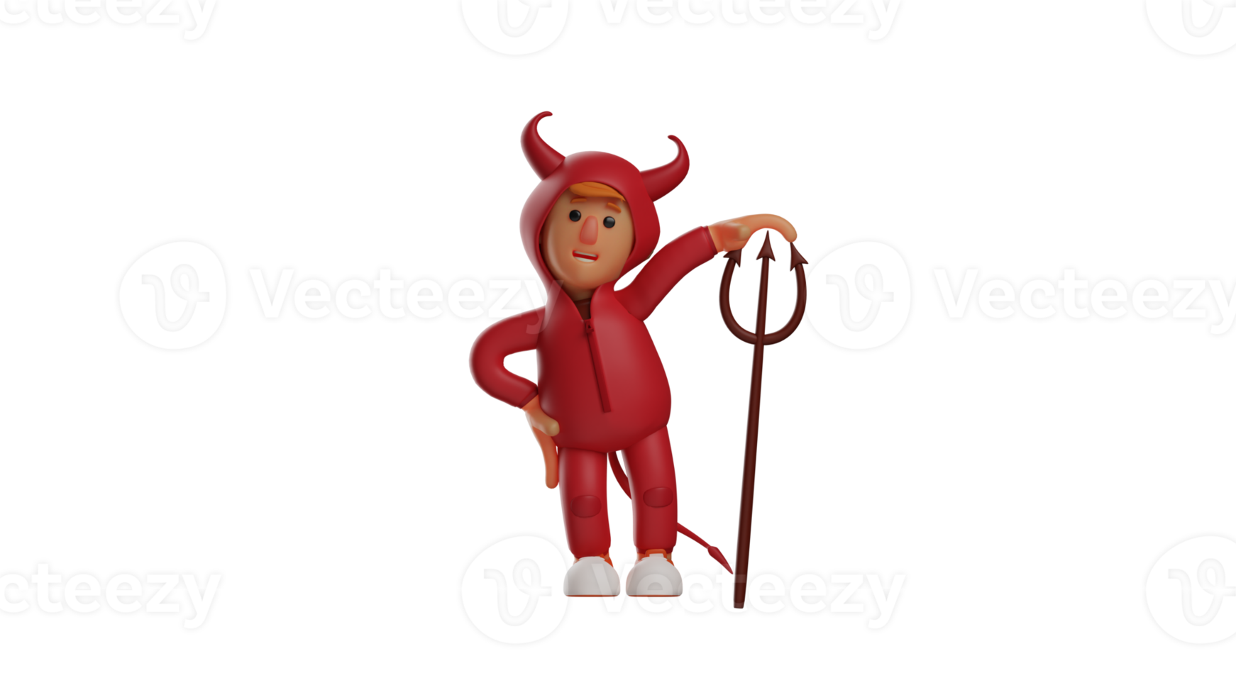 3D illustration. Cute Devil 3D Cartoon Character. The devil stood up and leaned on his trident. The adorable devil put one hand on his waist and smiled innocently. 3D cartoon character png