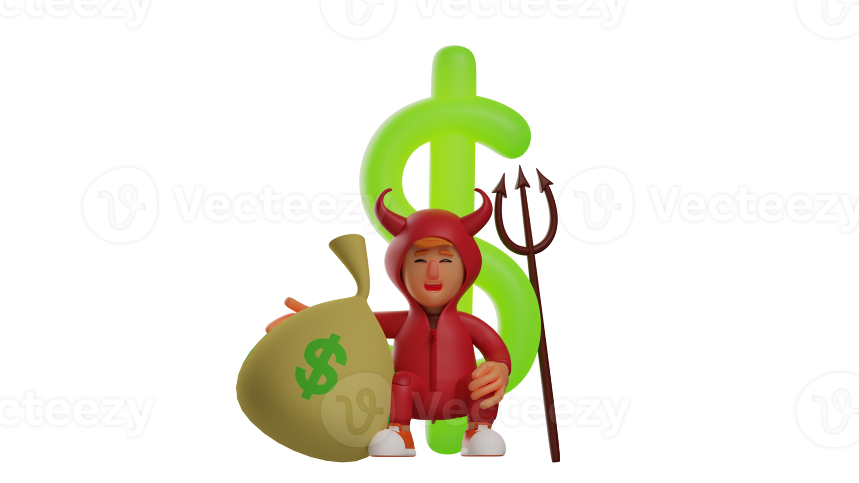 3D illustration. Wealthy Devil 3D Cartoon Character. Successful devil smiles happily. Cool red devil standing in front of a dollar sign and carrying a sack of money. 3D cartoon character png